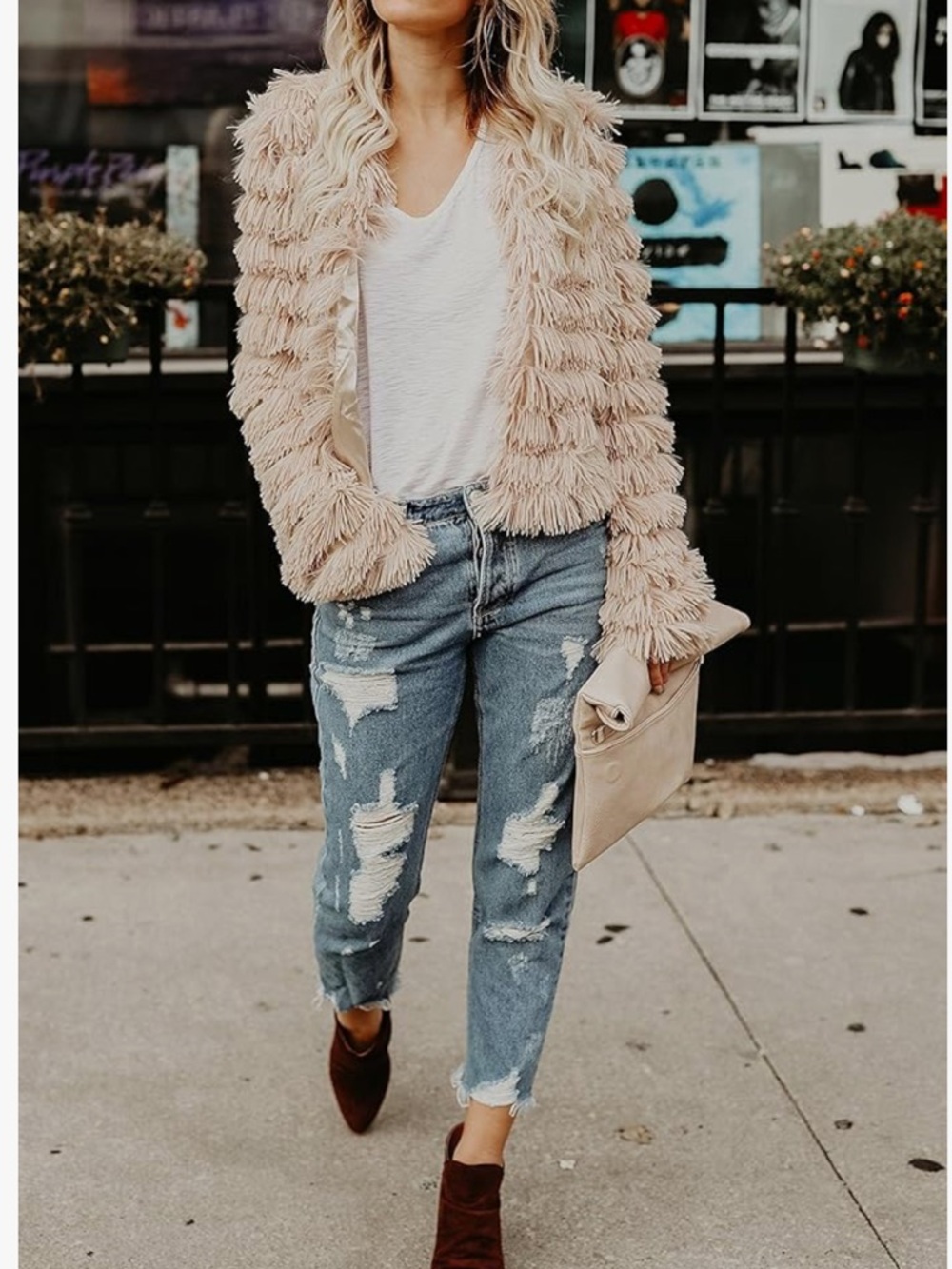 Womens Faux Fur Shaggy Open Front Coat Jacket Size L Beige Pink Lightweight - Picture 12 of 12